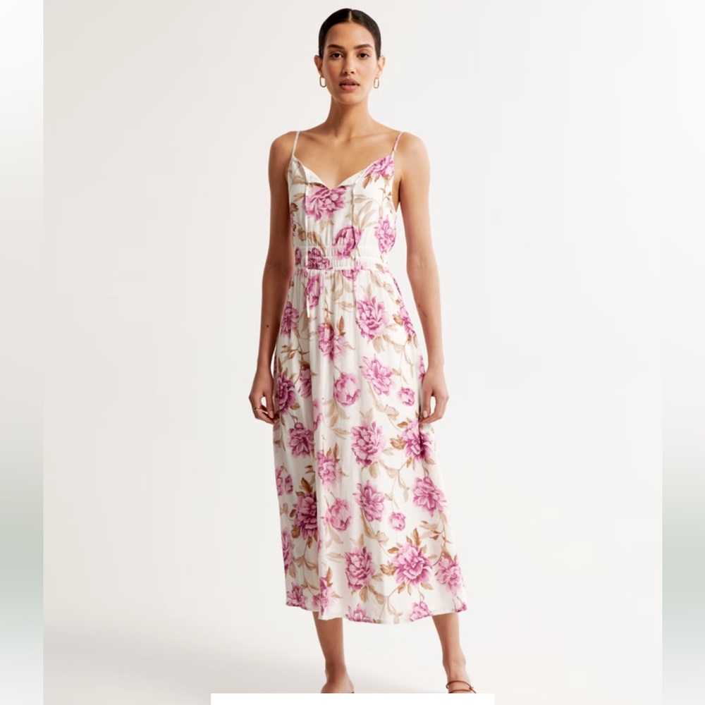 Abercrombie Crinkle Textured Smocked Waist Midi Dress in purple floral